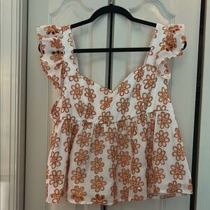Floral Embroidered White and Orange Women's Top Large